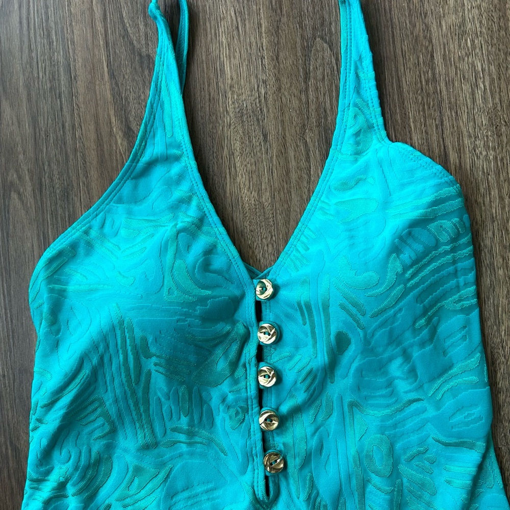 ST. JOHN SWIM Teal Textured V-Neck One Piece Henley Swimsuit Luxury Designer 10 - Picture 4 of 14